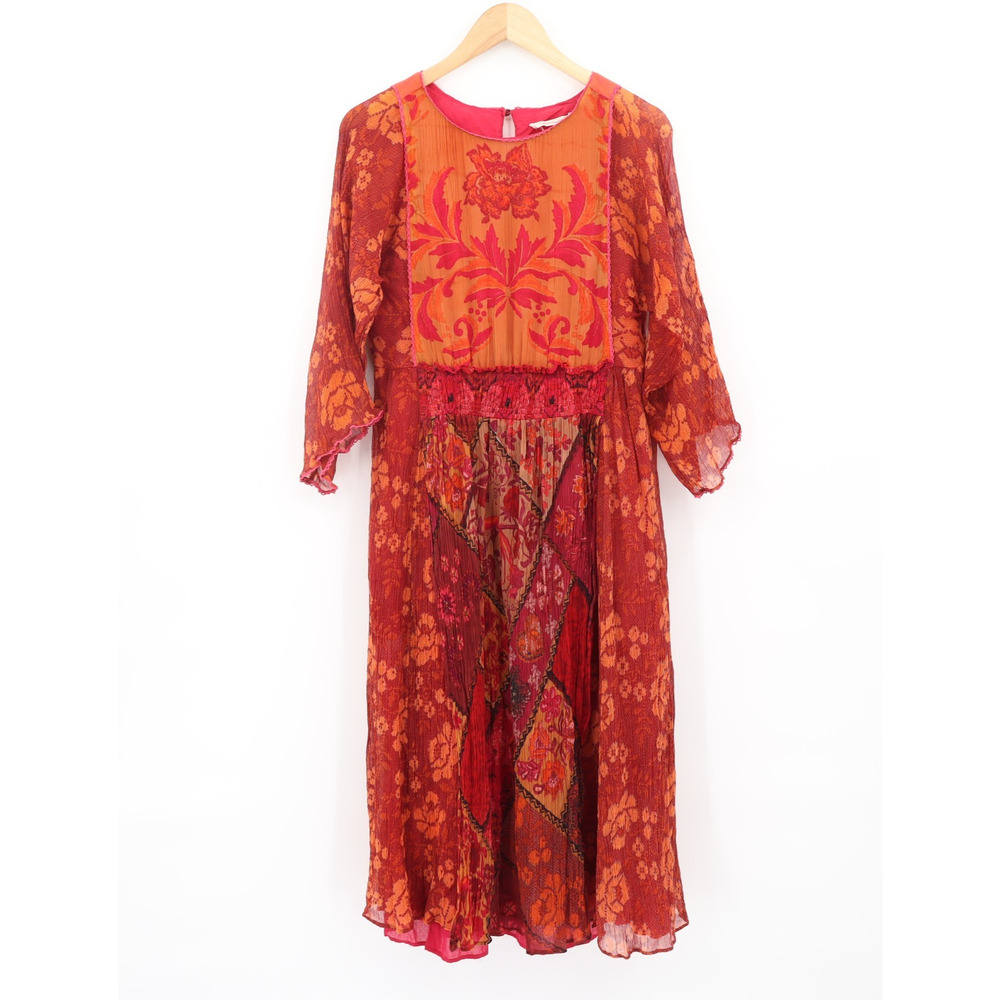Soft Surroundings Smocked Crinkle Chiffon Midi Dress Red Multi  Patchwork Sz M